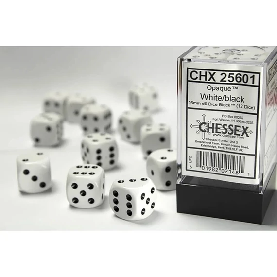 Dobókocka - Chessex Opaque d6 (16 mm) kockablokk White/black (12 db-os szett)