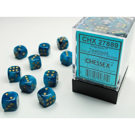 Dobókocka - Chessex Phantom d6 (12 mm) kockablokk Teal/gold (36 db-os szett)