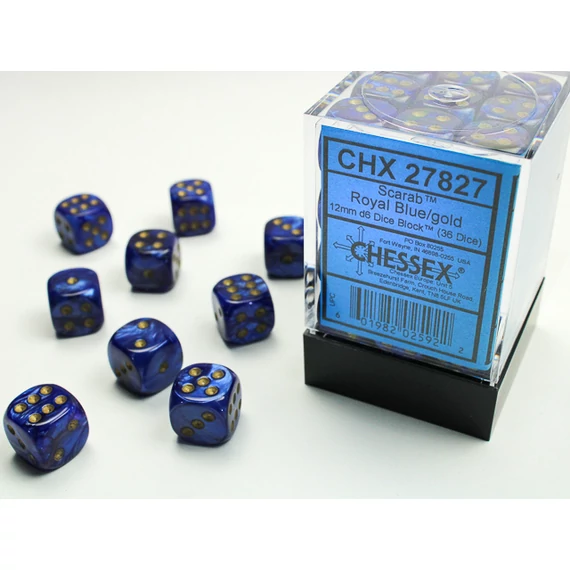 Dobókocka - Chessex Scarab d6 (12 mm) kockablokk Royal Blue/gold (36 db-os szett)