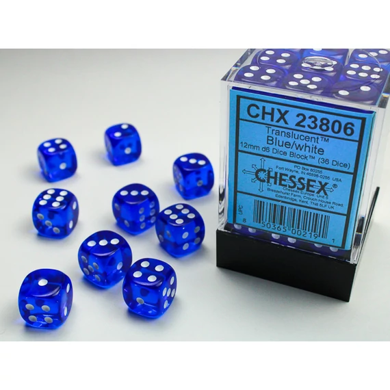 Dobókocka - Chessex Translucent d6 (12 mm) kockablokk Blue/white (36 db-os szett)