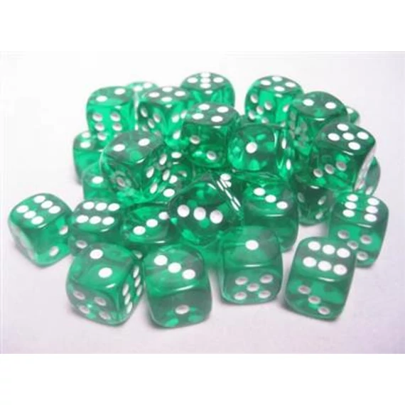 Dobókocka - Chessex Translucent d6 (12 mm) kockablokk Green/white (36 db-os szett)
