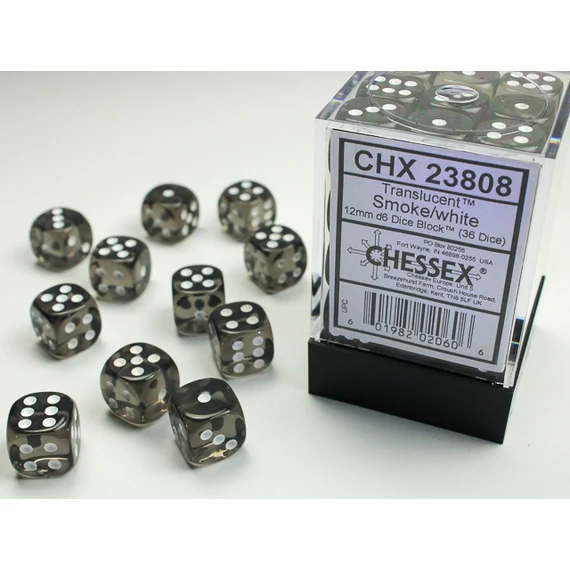 Dobókocka - Chessex Translucent d6 (12 mm) kockablokk Smoke/white (36 db-os szett)