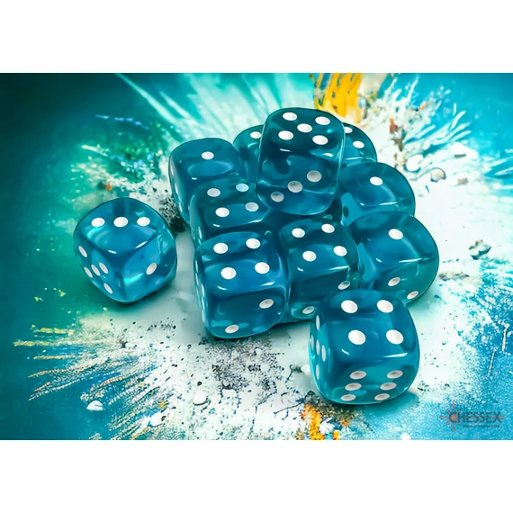 Dobókocka - Chessex Translucent d6 (16 mm) kockablokk Teal/white (12 db-os szett)