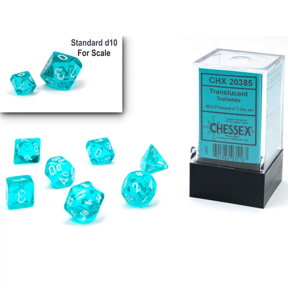 Dobókocka - Chessex - Translucent Mini-Polyhedral Teal/white 7-Die Set (7 db-os szett)