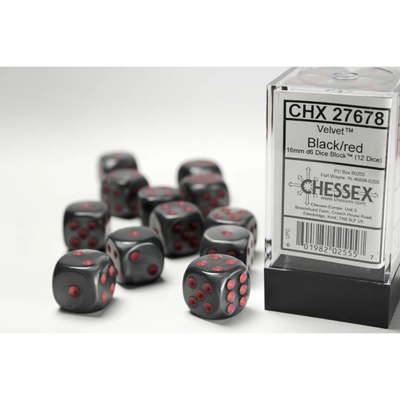 Dobókocka - Chessex d6 (16 mm) kockablokk Velvet Black/red (12 db-os szett)