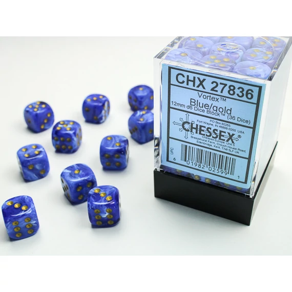 Dobókocka - Chessex Vortex d6 (12 mm) kockablokk Blue/gold (36 db-os szett)