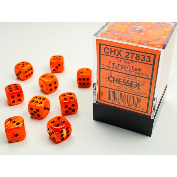 Dobókocka - Chessex Vortex d6 (12 mm) kockablokk Orange/black (36 db-os szett)