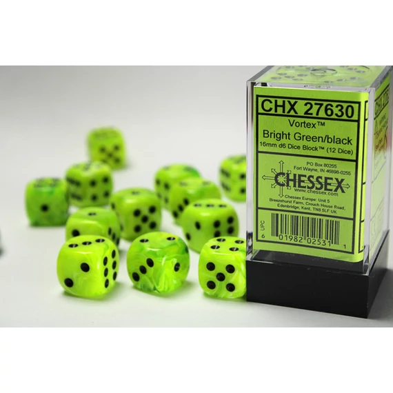 Dobókocka - Chessex d6 (16 mm) kockablokk Vortex Bright Green/black (12 db-os szett)