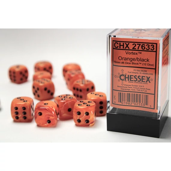 Dobókocka - Chessex d6 (16 mm) kockablokk Vortex Orange w/black (12 db-os szett)