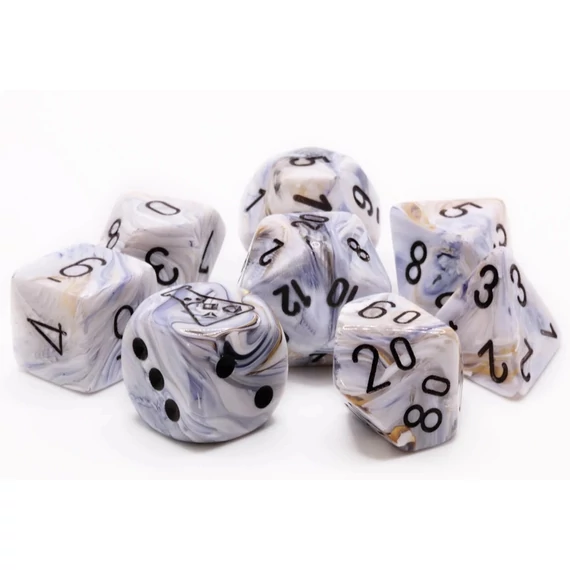 Dobókocka - Chessex - Lab Dice 8 - Marble Calcite/black (7 db-os szett + bónusz d6 kocka)