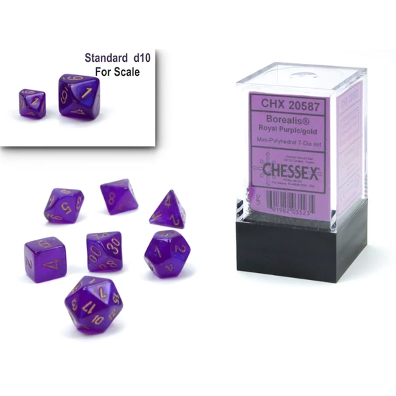 Dobókocka - Chessex - Borealis Mini-Polyhedral Royal Purple/gold 7-Die Set (7 db-os szett)