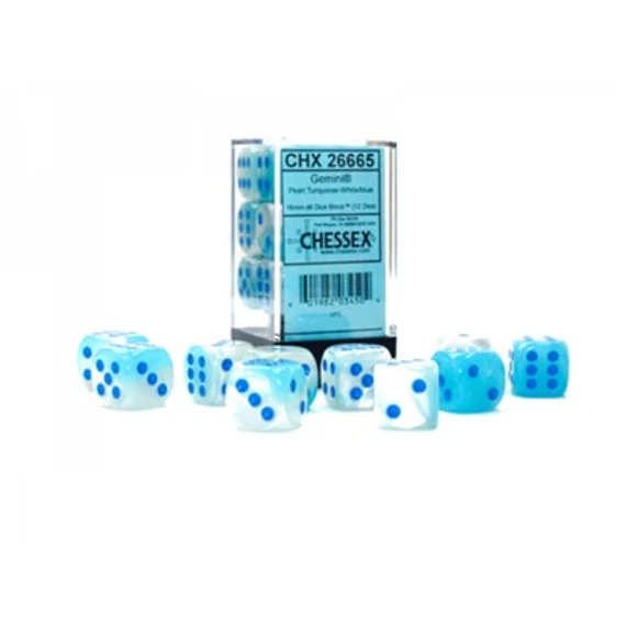 Gemini Pearl d6 (16 mm) kockablokk Turquoise-White Blue Luminary (12 db-os szett)